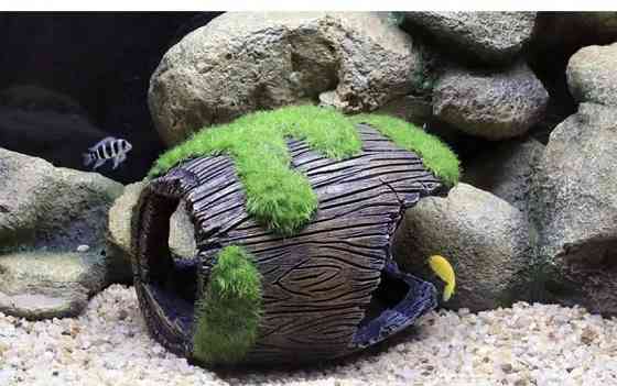 Декор для акваріума "Затонувший бочка з мохом" - розмір 12 на 10 см, смола, акваріумний декор коричневий Київ