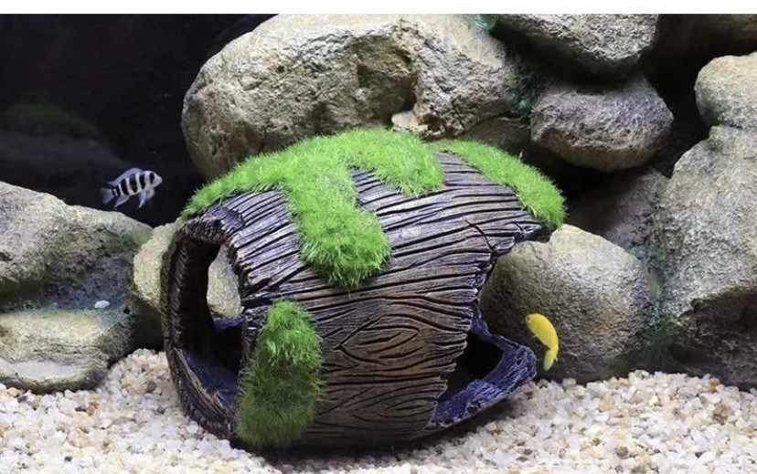 Декор для акваріума "Затонувший бочка з мохом" - розмір 12 на 10 см, смола, акваріумний декор коричневий Київ - фото 3