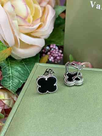 Брендові сережки Ван Кліф англійською замочкою, срібло 925 проби, чорний конюшина Одеса