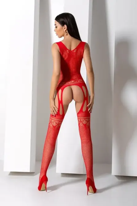 Бодістокінг з плетінням на грудях Passion BS099 One Size, red, відкритий доступ, імітація підв’язок Львов - изображение 9