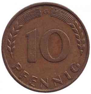 Дубовые листья. Монета 10 пфеннигов. 1950,66,90 год (G), ФРГ.(Г) Полтава