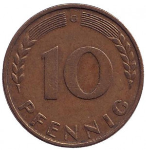 Дубове листя. Монета 10 пфенігів. 1950,66,90 рік (G), ФРН.(Г) Полтава - фото 1