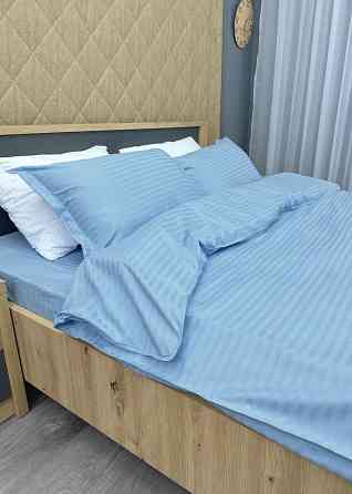 Комплект постельного белья Страйп-сатин Двуспальный 180х220 с простыней на резинке Голубой (88-114) Киев