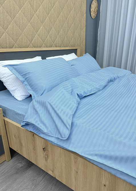 Комплект постельного белья Страйп-сатин Двуспальный 180х220 с простыней на резинке Голубой (88-114) Киев - изображение 5