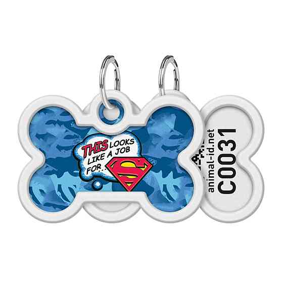 Адресник для собак і котів металевий WAUDOG Smart ID з QR паспортом, малюнок "Робота для Супермена", кістка, Д 40 мм, Ш 28 мм Київ