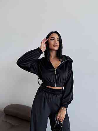 Жіночий прогулянковий оверсайз костюм-двійка: кофта та штани турецький велюр Чорний Одеса