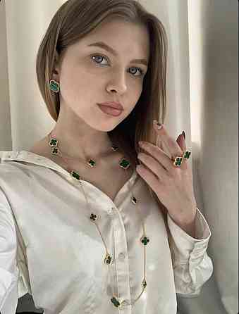 Підвіска Van Cleef / Ван Кліф / конюшина /зелена під малахіт довга, позолота, проба AU 750 Одеса
