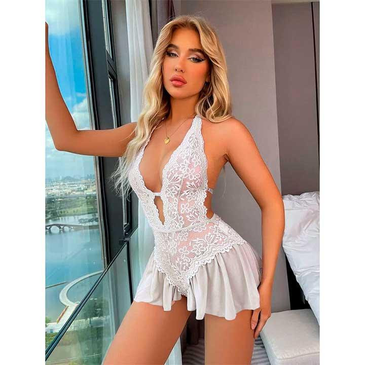 Сексуальний боді-пеньюар із відкритою спиною білий — S/M — Еротична білизна Вінниця - фото 1