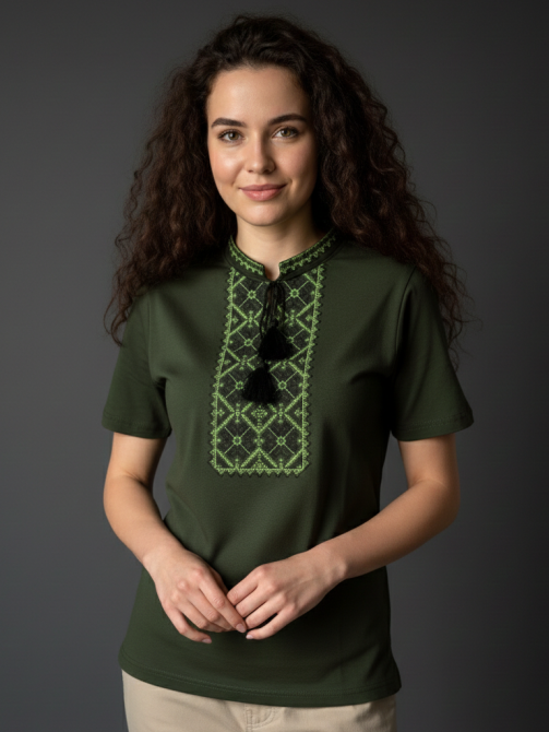 Жіноча футболка вишиванка кольору хакі з салатово -чорним орнаментом Київ - фото 2