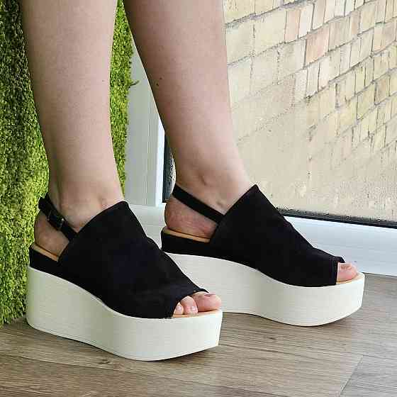 Жіночі Босоніжки на Танкетці Замшеві Сандалії на платформі Чорні Літні (розміри: 36,37,38,39,40) — 47 Дніпро