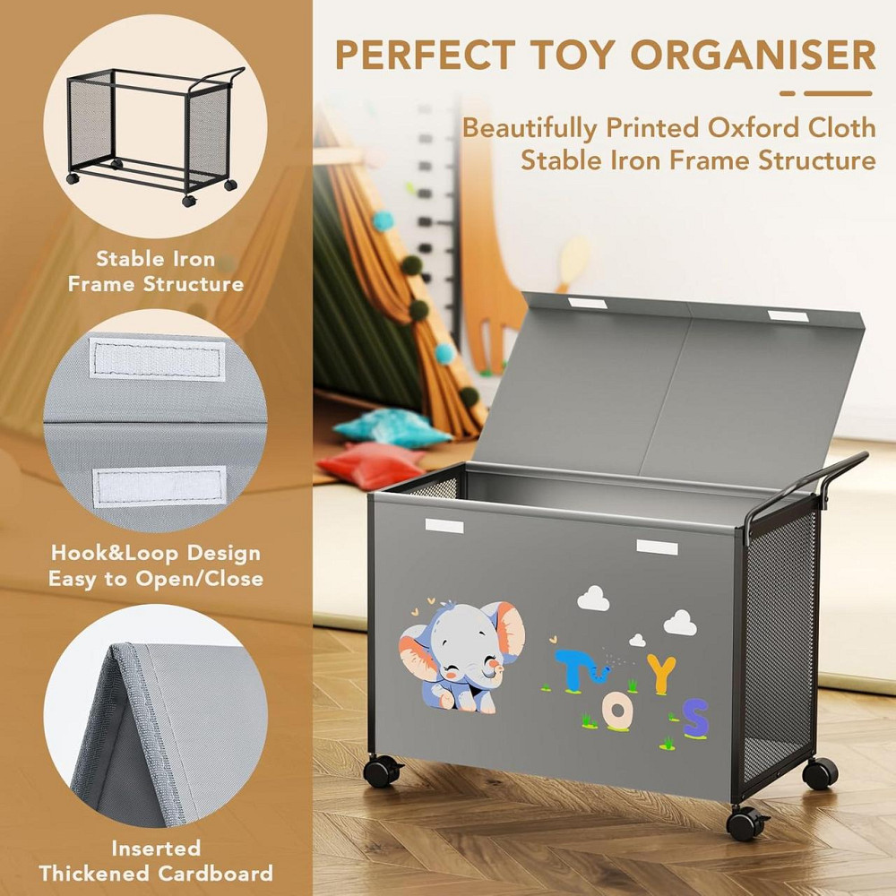 Ящик для игрушек 72L Elephant черный на колесах с крышкой велкро большой тканевый органайзер для детских вещей Киев - изображение 2