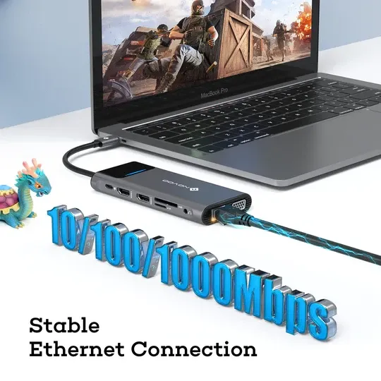 Док-станція NOVOO 12-в-1: Потужний USB-C хаб для потрійного монітора, 100W PD, HDMI, VGA та Gigabit Ethernet Київ - фото 16