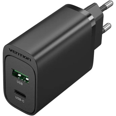 Зарядний пристрій 2xUSB 38W PD,QC3.0 (USB-C+USB-A) чорний Vention Винница - изображение 1