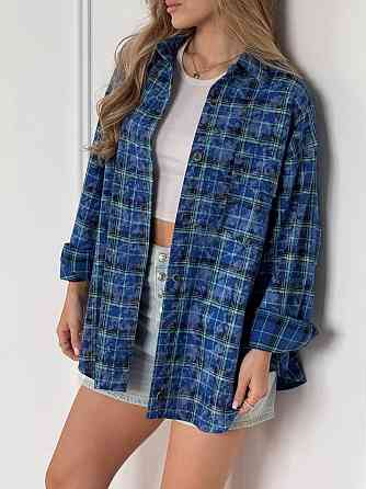 Женская трендовая оверсайз рубашка в клетку коттон варка Синий Одесса
