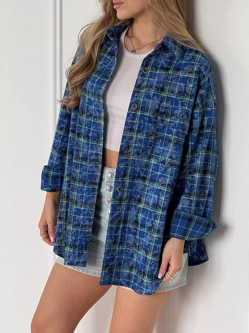 Женская трендовая оверсайз рубашка в клетку коттон варка Синий Одесса - изображение 1