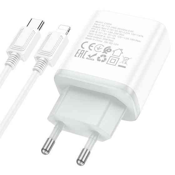 Мережевий зарядний пристрій з кабелем HOCO C105A Stage dual port PD20W+QC3.0 charger set (C to iP)(EU) White Одеса