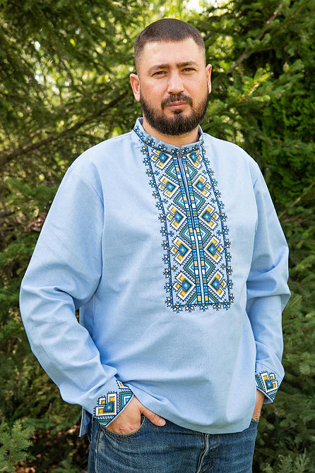 Вышиванка рубашка мужская льняная, голубая, лен, вышиванки мужские в Украине 48/50 Киев - изображение 1