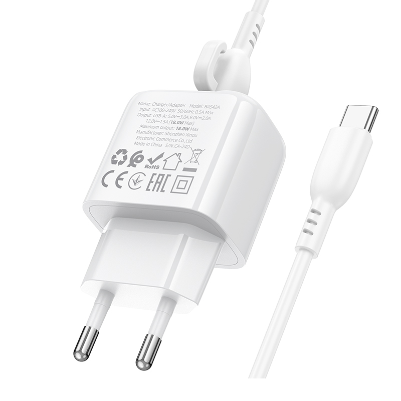 Мережевий зарядний пристрій з кабелем BOROFONE BAS42A Potential single-port QC3.0 charger set(Type-C) 18W White Одеса - фото 7
