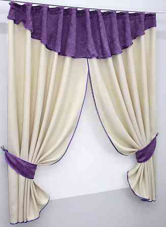 Кухонные шторы VR-Textil № 073к с ламбрекеном и подхватами молочный с фиолетовым 270х160 см (50-937) Киев