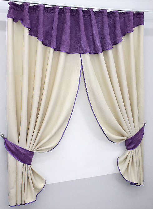 Кухонные шторы VR-Textil № 073к с ламбрекеном и подхватами молочный с фиолетовым 270х160 см (50-937) Киев - изображение 2