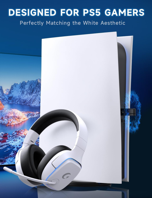 Игровые наушники Gvyugke беспроводные 2.4 ГГц Bluetooth 5.3, 7.1, 50 мм, 70 ч, микрофон, LED, для PS5 PS4 ПК Switch, белые Киев - изображение 3