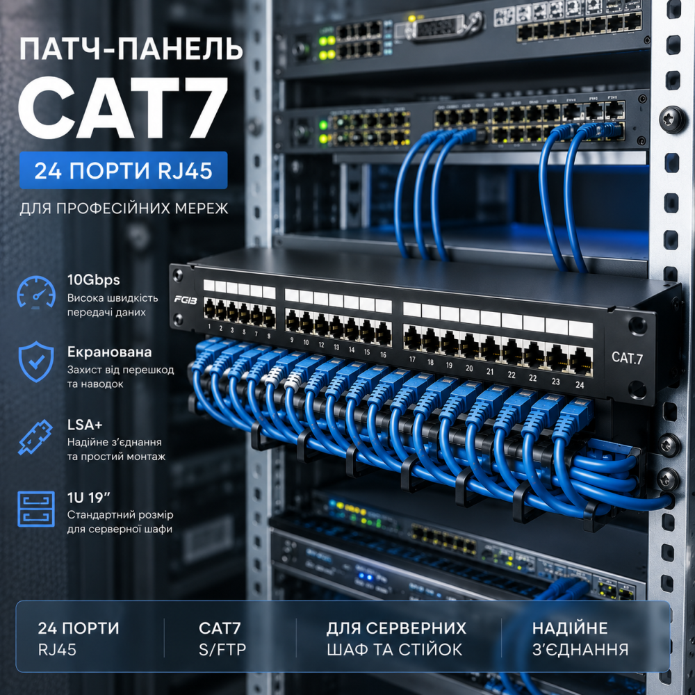 Патч-панель FGB CAT7 24 порти RJ45 1U 19", екранована Patch Panel, 10Gbps, LSA+, для серверної шафи Київ - фото 8