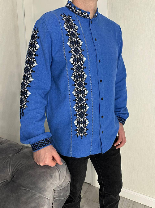 Мужская вышиванка в традиционном украинском стиле домотканый лен Голубой, 46 Одесса - изображение 1