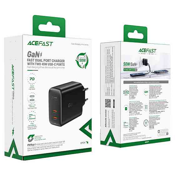 Мережевий зарядний пристрій ACEFAST A29 PD50W GaN (USB-C+USB-C) dual port charger Black Киев