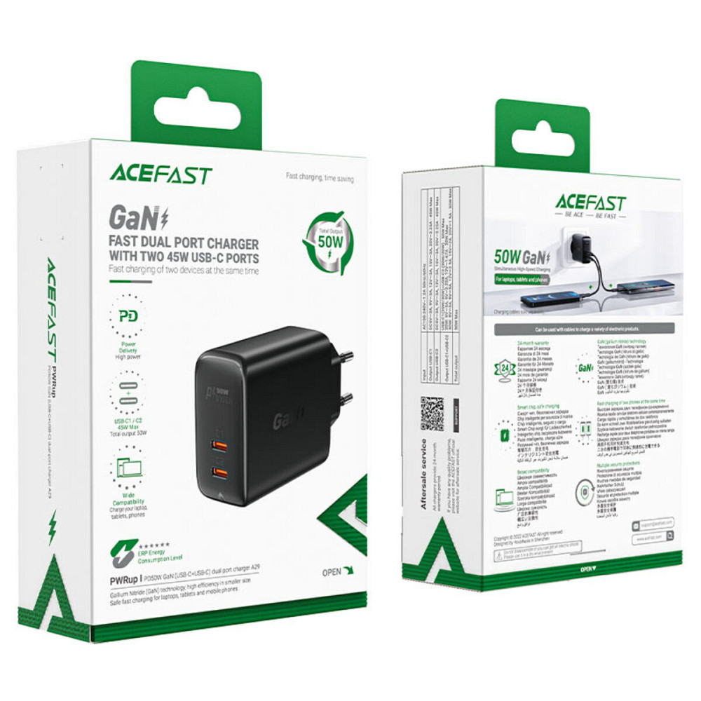 Мережевий зарядний пристрій ACEFAST A29 PD50W GaN (USB-C+USB-C) dual port charger Black Киев - изображение 5