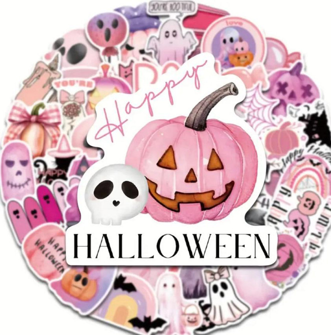 Набір милих рожевих вінілових наклейок на Хеллоуїн,набір наклейок з кажанами , гарбузами, привидами, Київ - фото 4