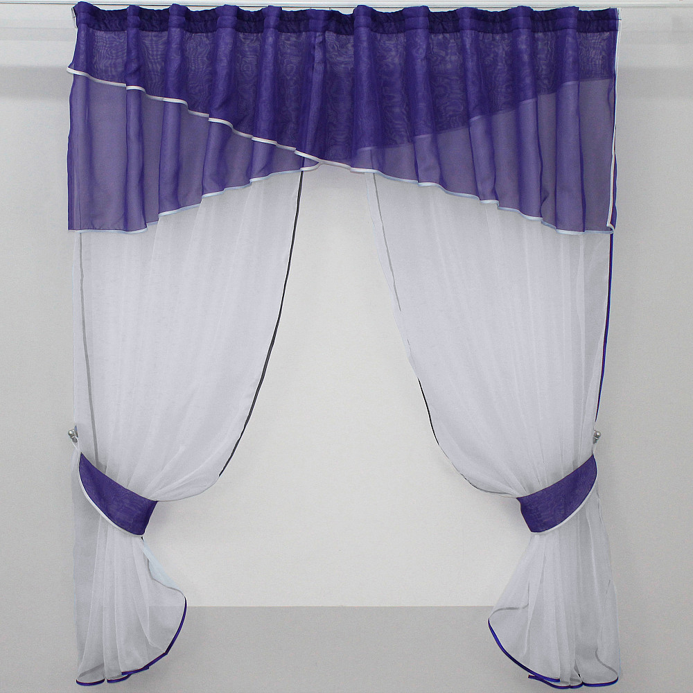 Кухонные шторы VR-Textil № 091к с ламбрекеном и подвязками фиолетовый с белым 280х170 см (50-269) Киев - изображение 1