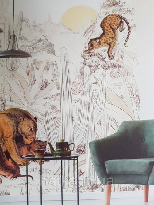 Обои виниловые  Lutece Bensimon панно 260х250 см джунгли львы пантеры пальмы кактусы на песочном Киев - изображение 1