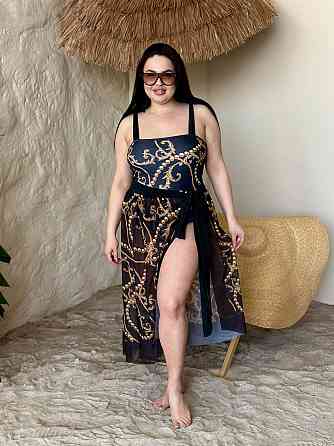 Женский сдельный купальник больших размеров с парео plus size с поролоновыми чашками и принтом бифлекс черный Одесса