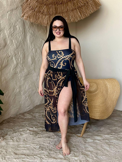 Женский сдельный купальник больших размеров с парео plus size с поролоновыми чашками и принтом бифлекс черный Одесса - изображение 2