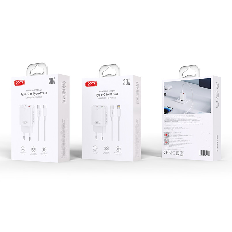 Мережевий зарядний пристрій XO L130 PD30W/QC18W 1USB-C+1USB-A + Lightning кабель білий Львів - фото 5