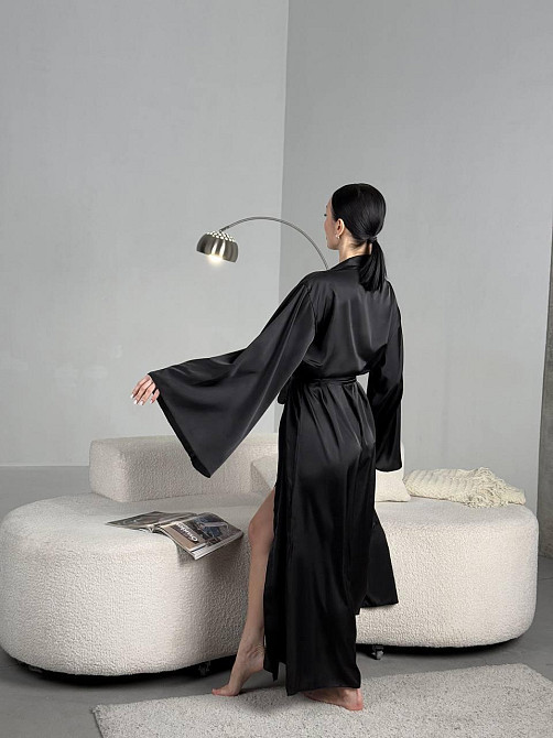 Женский домашний халат макси на запах из шелка армани Черный, 48/50 Одесса - изображение 4