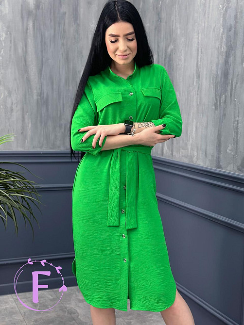 Длинное платье-рубашка с поясом Marcella 42-44, Зеленый Киев - изображение 3