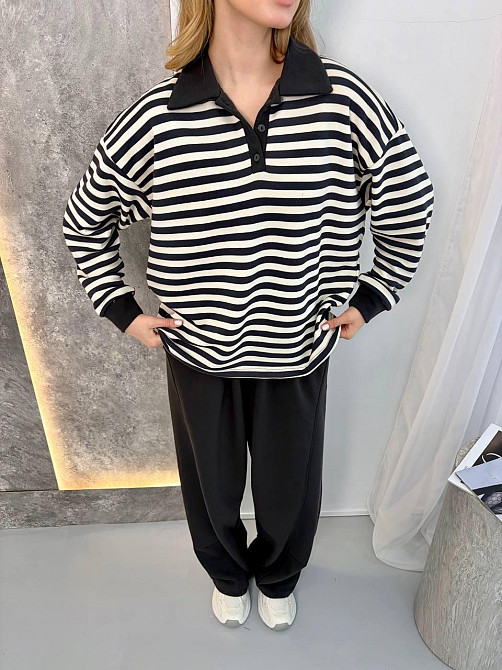 Женский стильный повседневный костюм поло на пуговицах, брюки палаццо тринитка. Графит Одесса - изображение 6