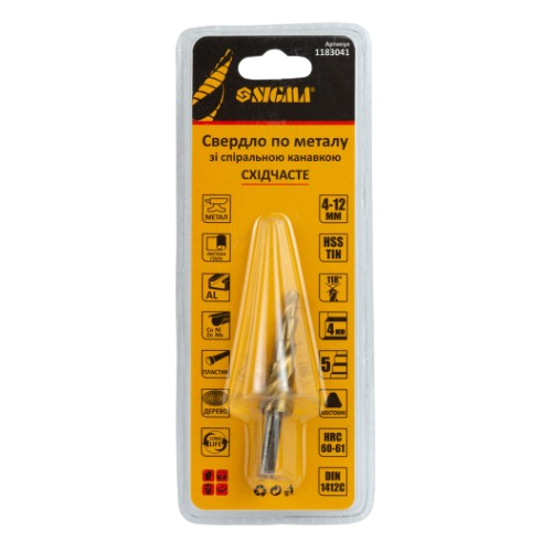 Сверло по металлу d4-12мм HSS-TIN титан степенейшая спиральная канавка шаг 2мм SIGMA Житомир