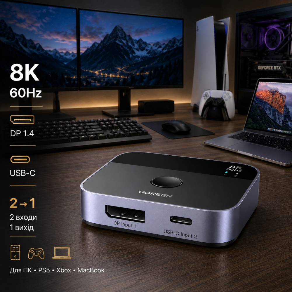 Перемикач UGREEN DisplayPort / USB-C 8K@60Hz KVM Світч 2 входи 1 вихід DP 1.4 для ПК, PS5, Xbox, MacBook Київ - фото 10