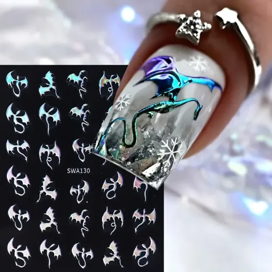 Наклейки для ногтей 3D “Дракон” — золотые, серебряные и голографические, 3 листа Киев