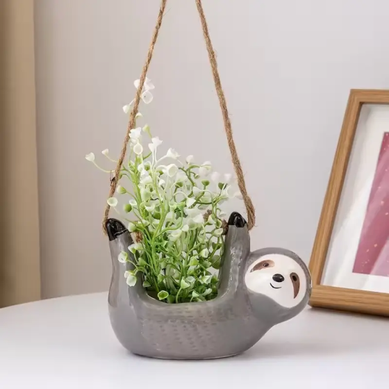 Підвісний квітковий горщик у формі Лінивця (кераміка) Сірий Вінниця