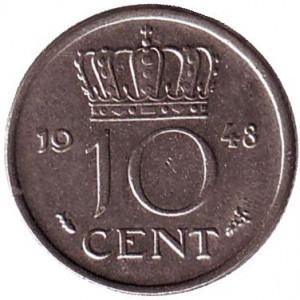 Монета 10 центів. 1948 рік, Нідерланди. Полтава - фото 1