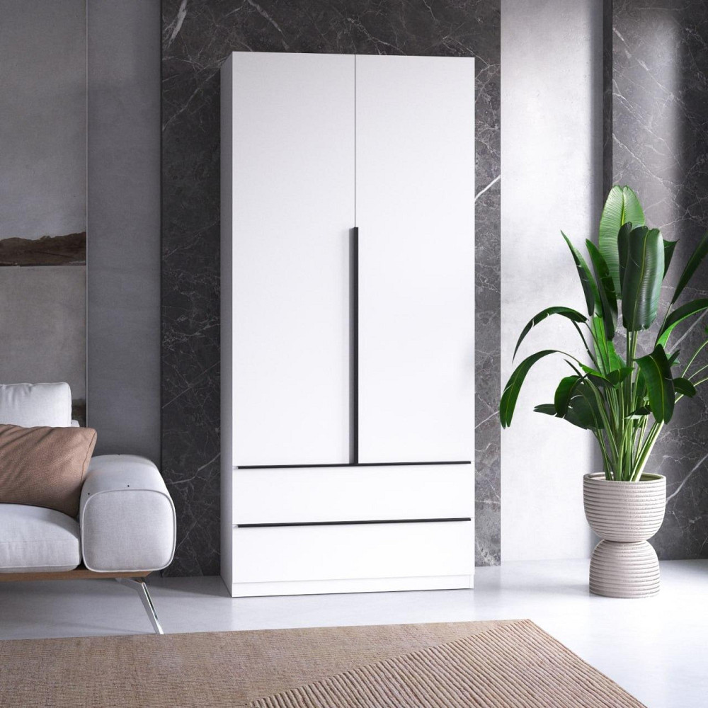 Шафа для одягу VAYS M-30 Білий, 2 шухляди, з штангою та полицями, ЛДСП, 100×50×220 см – для спальні, вітальні, передпокою Львів - фото 1