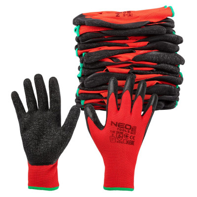 Защитные перчатки Neo Tools комплект 12шт, полиэстер с латексным покрытием, р.8, красно-черный (97-645-8) Винница - изображение 8