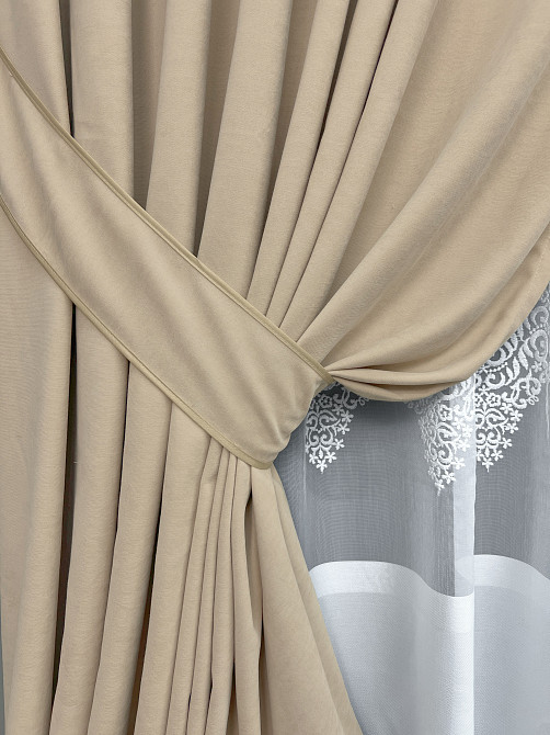 Комплект штор VR-Textil Мікровелюр Petek 100х270 2шт і Тюль 400х270 2013ш-1706т Бежевий з молочним 71-194/2 Київ - фото 4