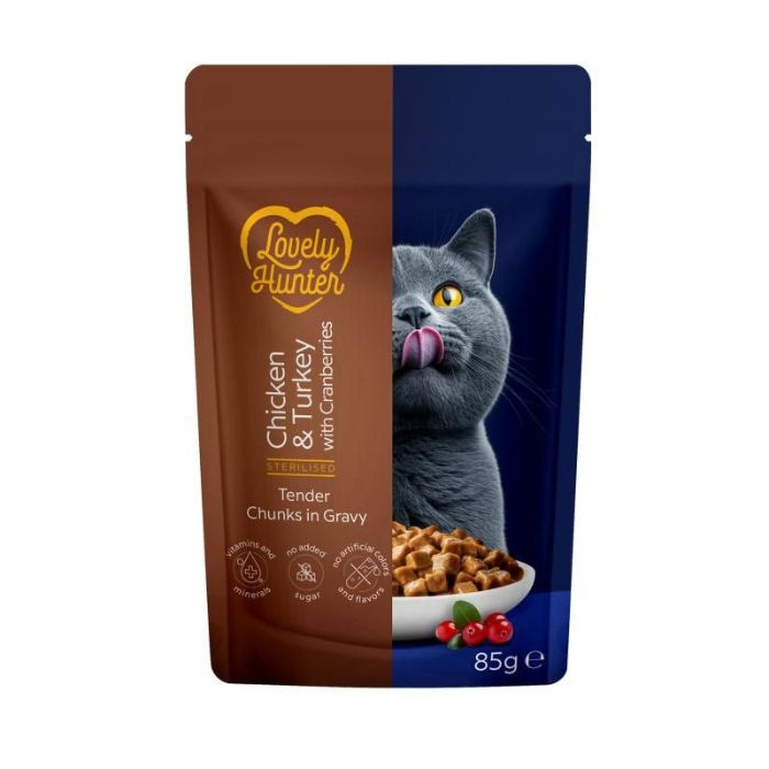 Lovely Hunter Sterilised Adult Cats with Chicken, Turkey and Cranberries Вологий корм для стерилізованих котів з куркою, індичкою і журавлиною, 85 г Київ - фото 1