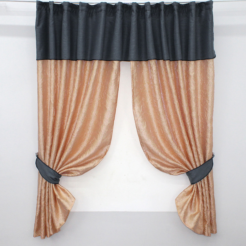 Кухонні штори VR-Textil № 073к з ламбрекеном і підхватами персиковий з сіро-синім 290х170 см (52-0149) Київ - фото 1