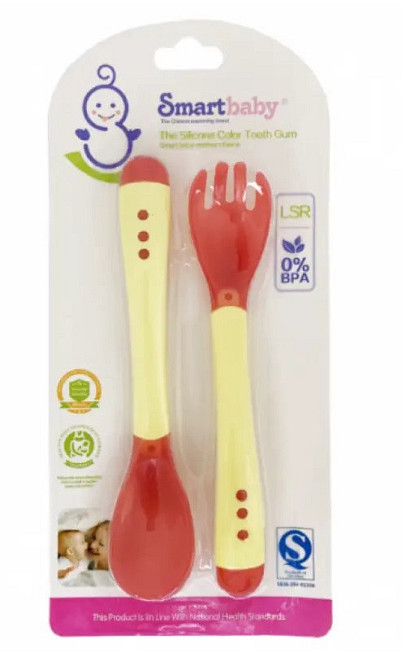 Дитячий набір для годування малюків Ложка + вилка з індикатором температури Mumlove Червоний + Жовтий Кривий Ріг - фото 1