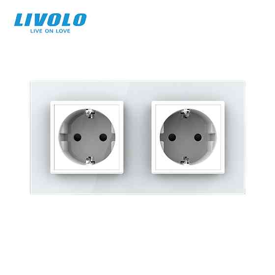LIVOLO Подвійна електрична розетка з заземленням LIVOLO, біла, скляна рамка, шторки, 250В 16А ( Коломыя